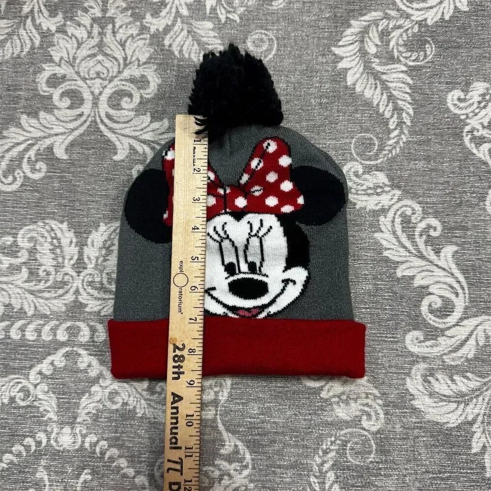 Disney Minnie Mouse Girls Pom Pom Knit Beanie Hat Gray One Size